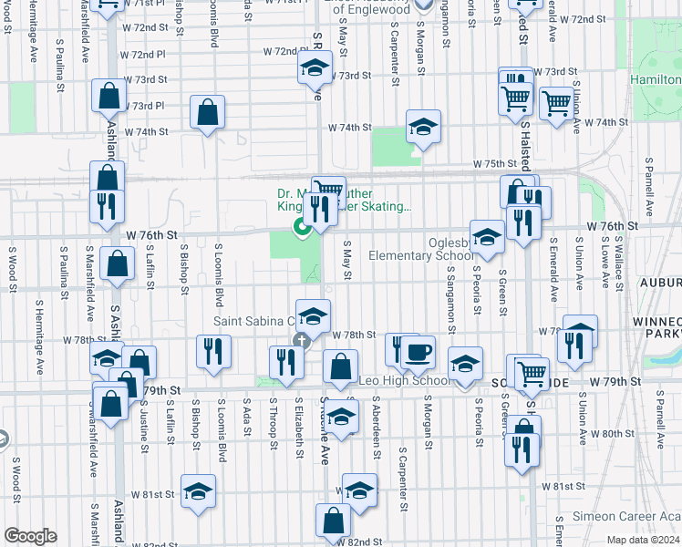 map of restaurants, bars, coffee shops, grocery stores, and more near 7648 South May Street in Chicago