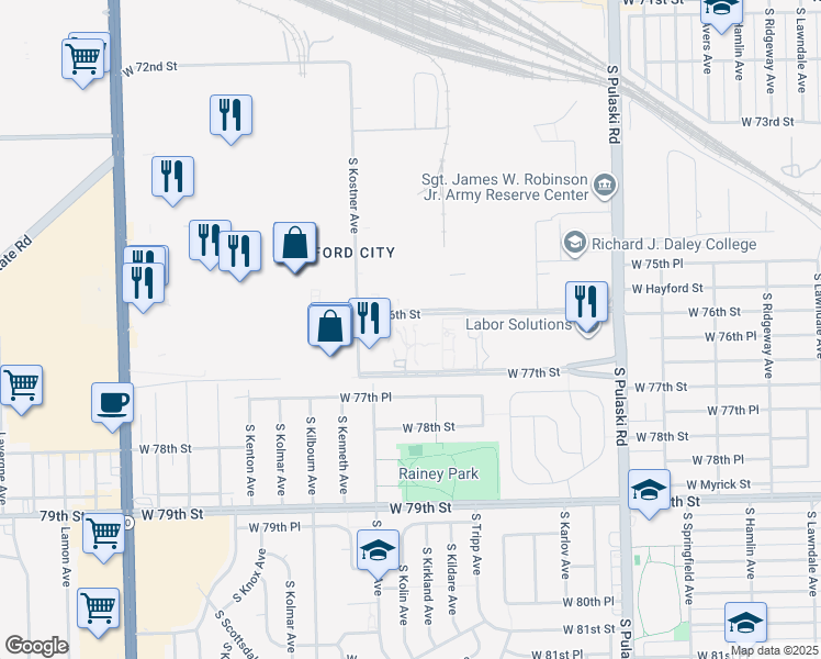 map of restaurants, bars, coffee shops, grocery stores, and more near 4315 West 76th Street in Chicago
