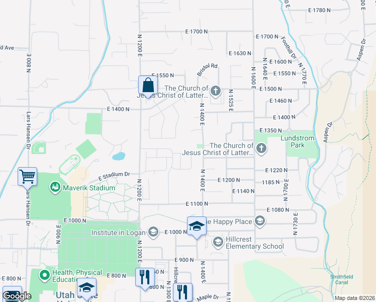 map of restaurants, bars, coffee shops, grocery stores, and more near 1367 East 1280 North in Logan
