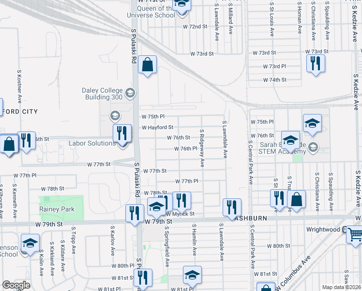 map of restaurants, bars, coffee shops, grocery stores, and more near 3801 West 76th Place in Chicago
