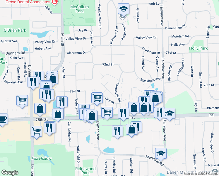 map of restaurants, bars, coffee shops, grocery stores, and more near 7343 Country Creek Way in Downers Grove