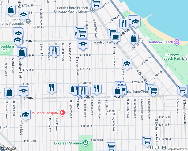 map of restaurants, bars, coffee shops, grocery stores, and more near 7748 South Essex Avenue in Chicago