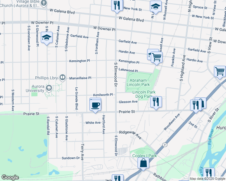 map of restaurants, bars, coffee shops, grocery stores, and more near 406 South Elmwood Drive in Aurora