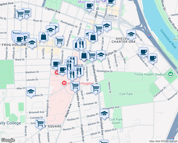 map of restaurants, bars, coffee shops, grocery stores, and more near 27 Congress Street in Hartford