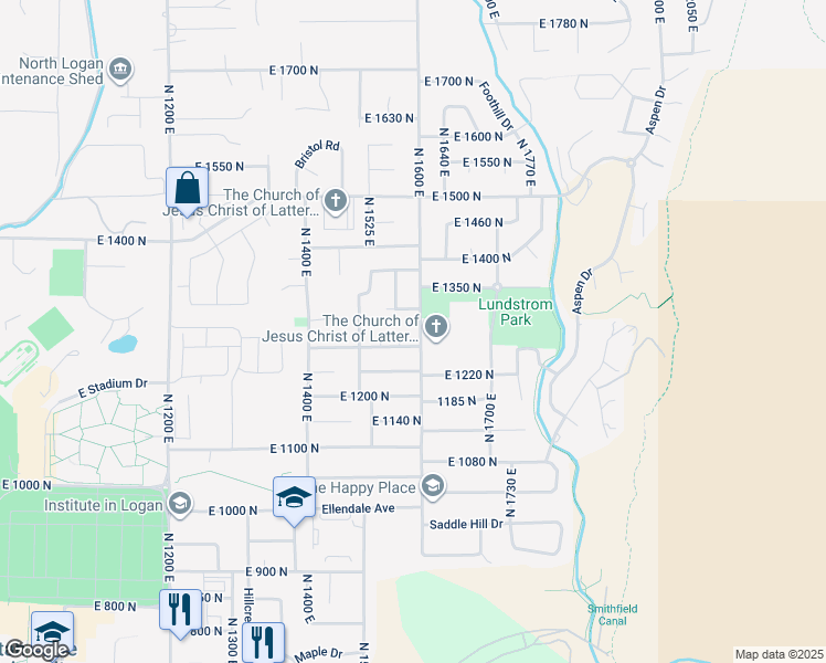 map of restaurants, bars, coffee shops, grocery stores, and more near 1285 North 1600 East in Logan