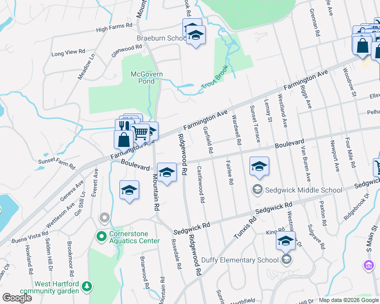 map of restaurants, bars, coffee shops, grocery stores, and more near 30 Ridgewood Road in West Hartford