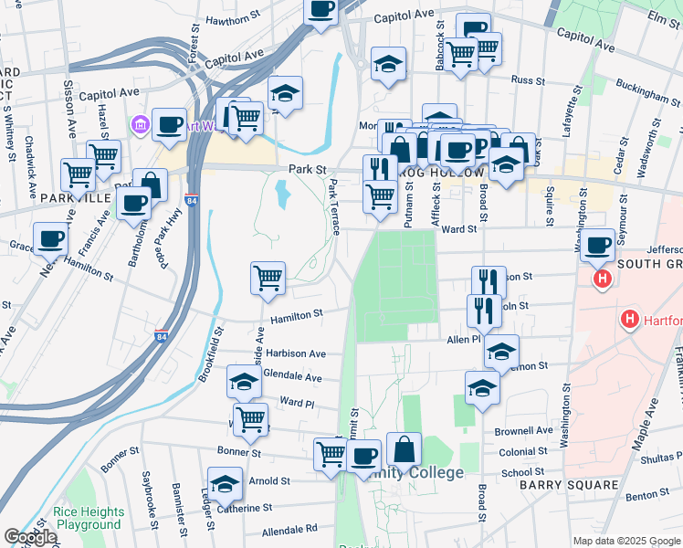 map of restaurants, bars, coffee shops, grocery stores, and more near 278 Park Terrace in Hartford