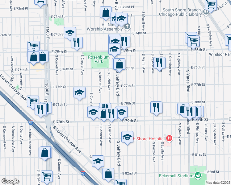 map of restaurants, bars, coffee shops, grocery stores, and more near 7738 South Jeffery Boulevard in Chicago
