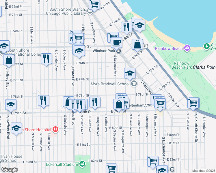 map of restaurants, bars, coffee shops, grocery stores, and more near 2606 East 78th Street in Chicago