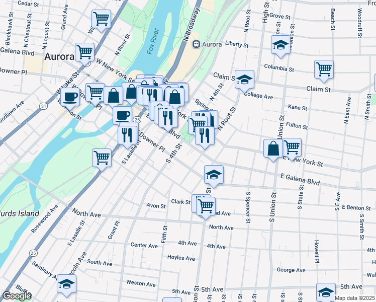 map of restaurants, bars, coffee shops, grocery stores, and more near 419 East Galena Boulevard in Aurora