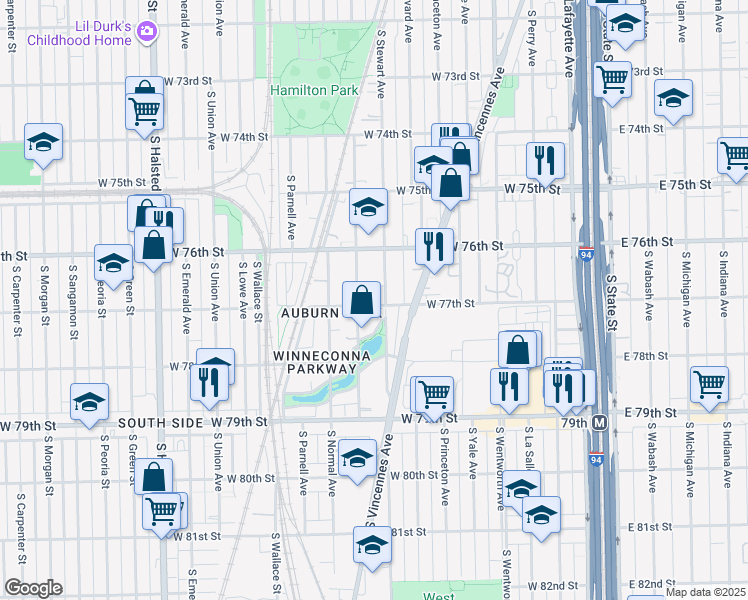 map of restaurants, bars, coffee shops, grocery stores, and more near 7708 South Stewart Avenue in Chicago