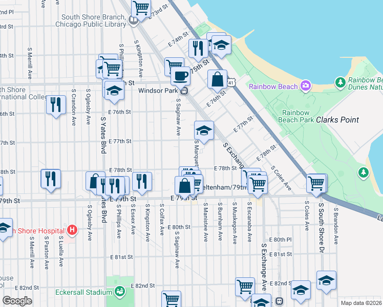 map of restaurants, bars, coffee shops, grocery stores, and more near 7751 South Saginaw Avenue in Chicago