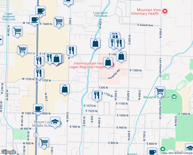 map of restaurants, bars, coffee shops, grocery stores, and more near 371 East 1225 North in Logan