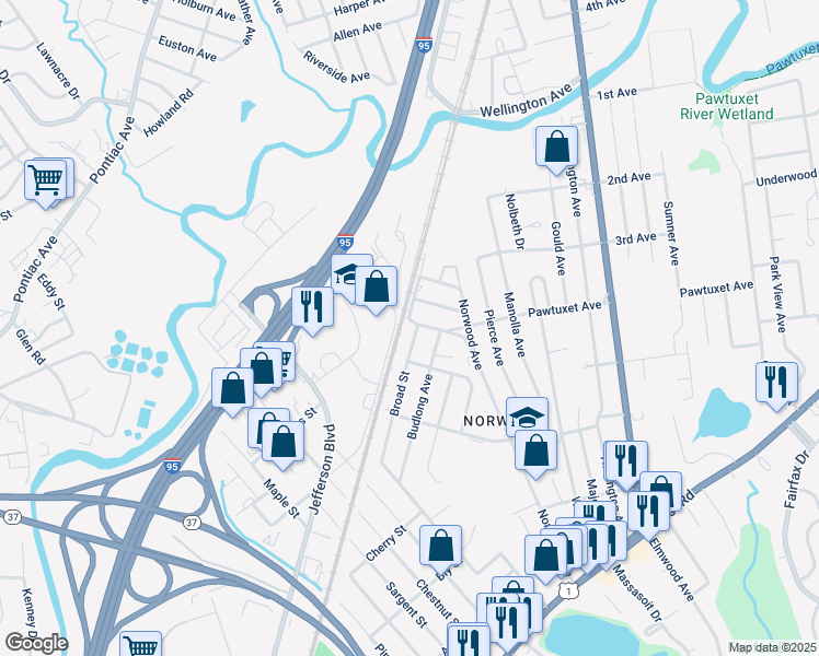 map of restaurants, bars, coffee shops, grocery stores, and more near 24 Broad Street in Warwick