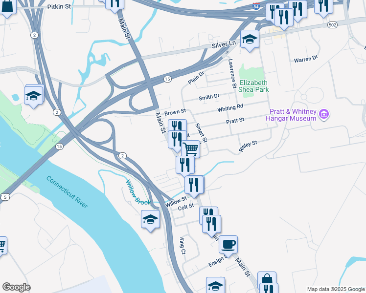 map of restaurants, bars, coffee shops, grocery stores, and more near 446 Main Street in East Hartford