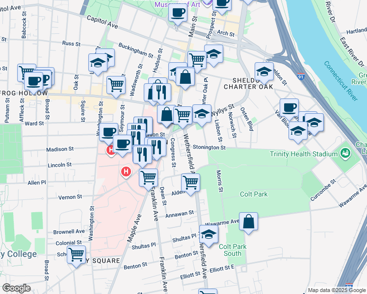 map of restaurants, bars, coffee shops, grocery stores, and more near 65 Wethersfield Avenue in Hartford