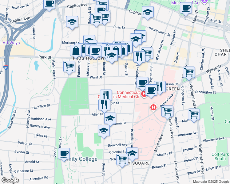 map of restaurants, bars, coffee shops, grocery stores, and more near 59 Madison Street in Hartford