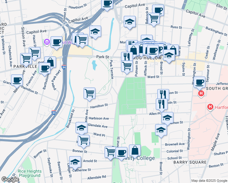 map of restaurants, bars, coffee shops, grocery stores, and more near 278 Park Terrace in Hartford