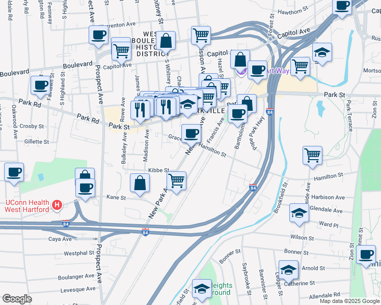 map of restaurants, bars, coffee shops, grocery stores, and more near 98 New Park Avenue in Hartford