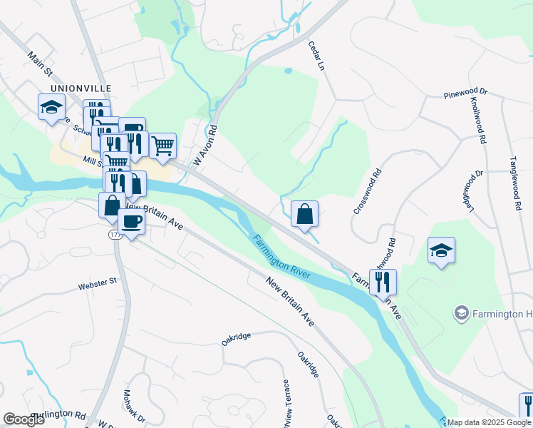map of restaurants, bars, coffee shops, grocery stores, and more near 1701 Farmington Avenue in Farmington
