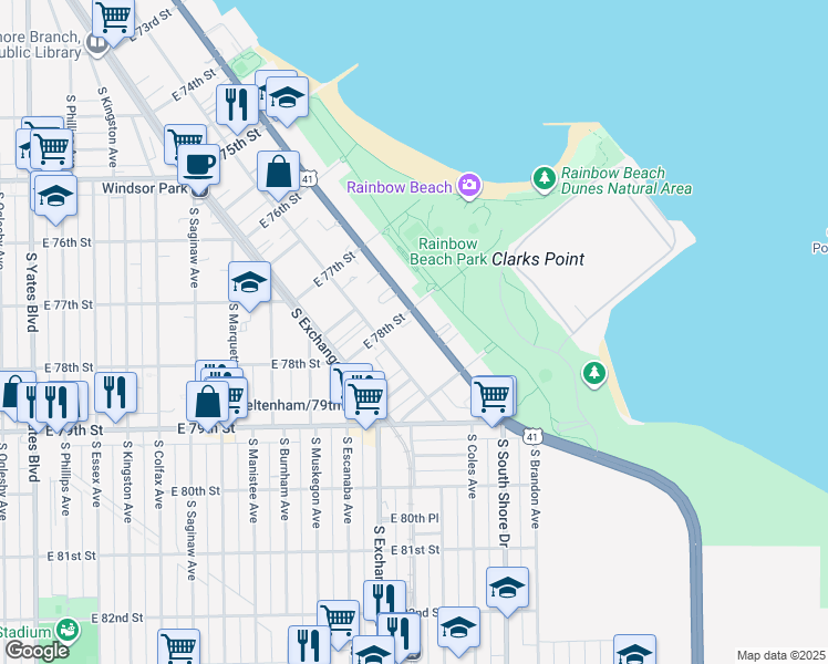 map of restaurants, bars, coffee shops, grocery stores, and more near 7825 South Coles Avenue in Chicago