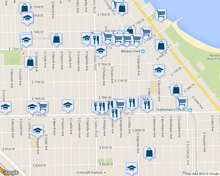 map of restaurants, bars, coffee shops, grocery stores, and more near 7748 South Essex Avenue in Chicago