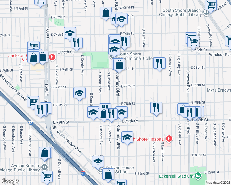 map of restaurants, bars, coffee shops, grocery stores, and more near 7738 South Jeffery Boulevard in Chicago