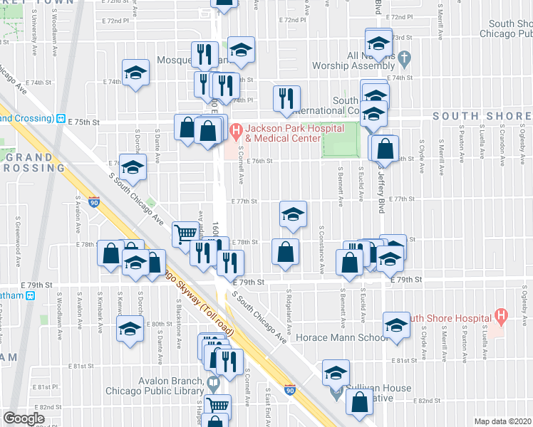 map of restaurants, bars, coffee shops, grocery stores, and more near 7738 South East End Avenue in Chicago