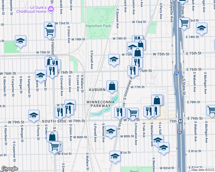map of restaurants, bars, coffee shops, grocery stores, and more near 7712 South Eggleston Avenue in Chicago