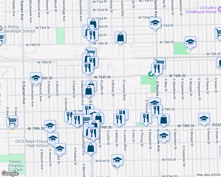 map of restaurants, bars, coffee shops, grocery stores, and more near 7701 South Bishop Street in Chicago