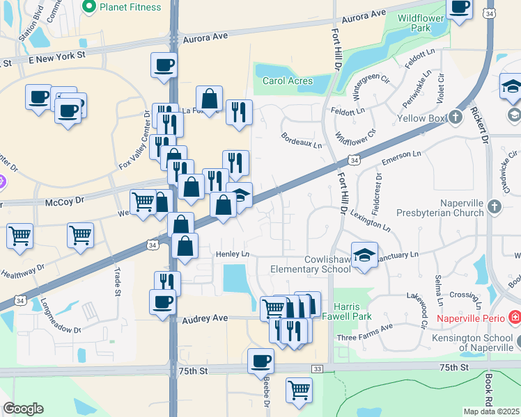 map of restaurants, bars, coffee shops, grocery stores, and more near 2711 Rosedale Avenue in Naperville