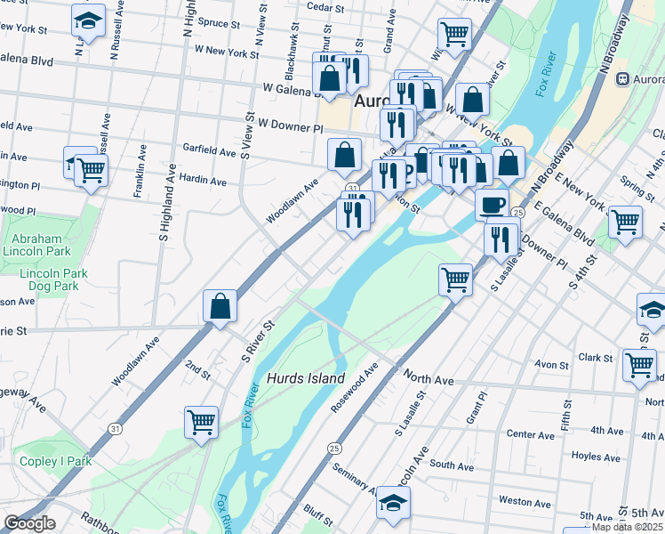 map of restaurants, bars, coffee shops, grocery stores, and more near 244d South River Street in Aurora