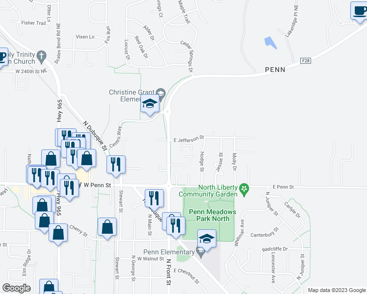 map of restaurants, bars, coffee shops, grocery stores, and more near 130 Jefferson Lane in North Liberty