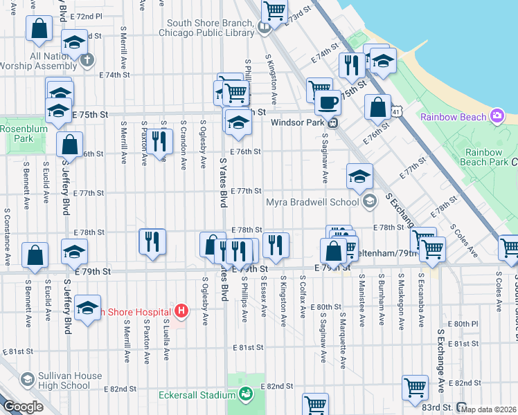 map of restaurants, bars, coffee shops, grocery stores, and more near 7724 South Essex Avenue in Chicago