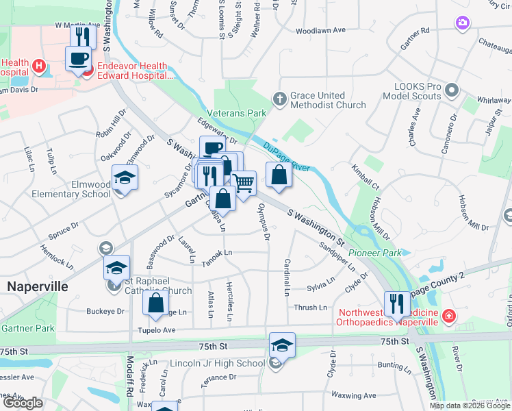 map of restaurants, bars, coffee shops, grocery stores, and more near 15 Olympus Drive in Naperville