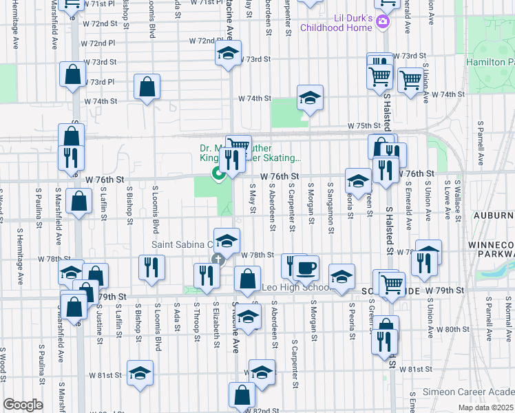 map of restaurants, bars, coffee shops, grocery stores, and more near 7647 South May Street in Chicago
