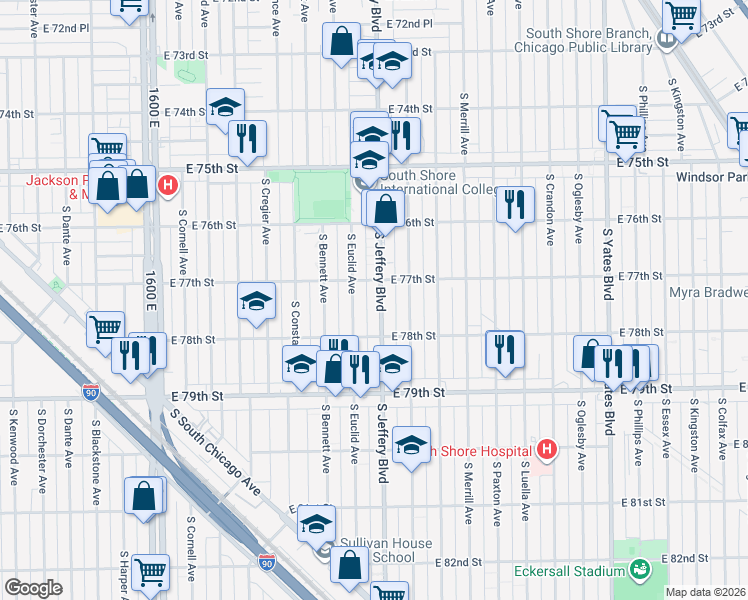 map of restaurants, bars, coffee shops, grocery stores, and more near 7738 South Jeffery Boulevard in Chicago