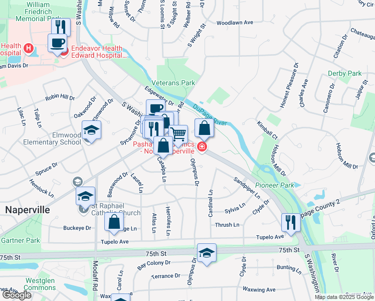map of restaurants, bars, coffee shops, grocery stores, and more near 21 Olympus Drive in Naperville