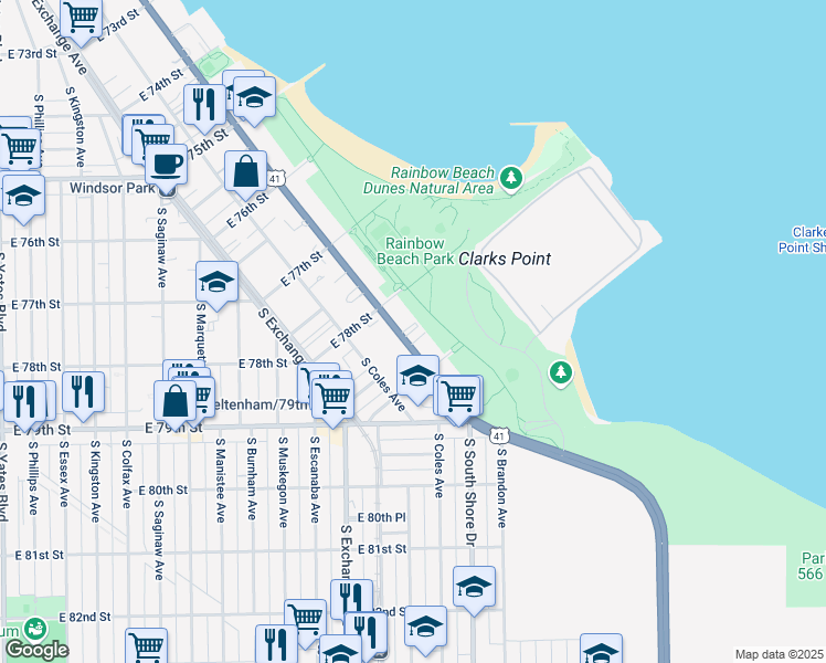map of restaurants, bars, coffee shops, grocery stores, and more near 7819 South South Shore Drive in Chicago