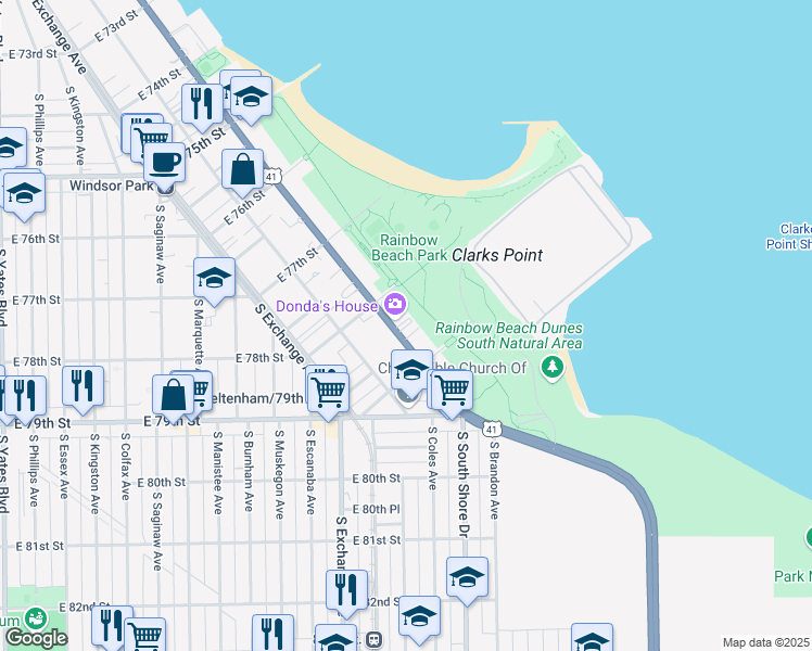map of restaurants, bars, coffee shops, grocery stores, and more near 7819 South South Shore Drive in Chicago