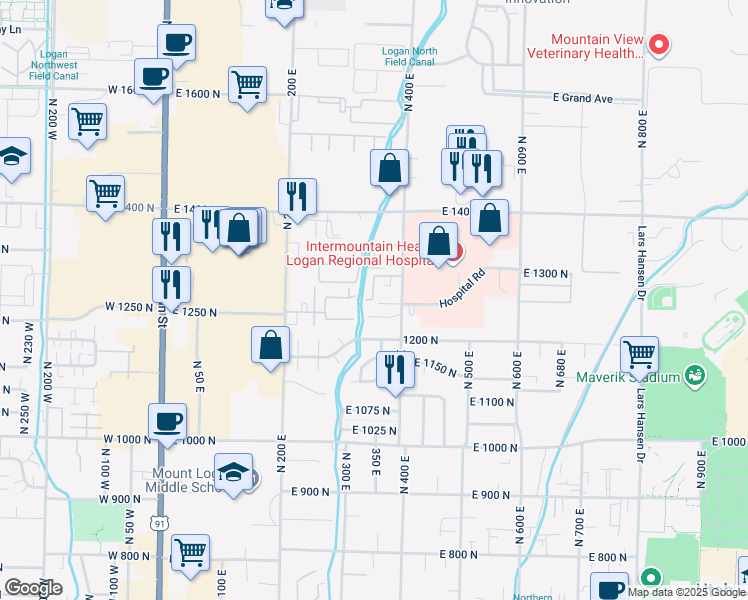 map of restaurants, bars, coffee shops, grocery stores, and more near 371 East 1225 North in Logan