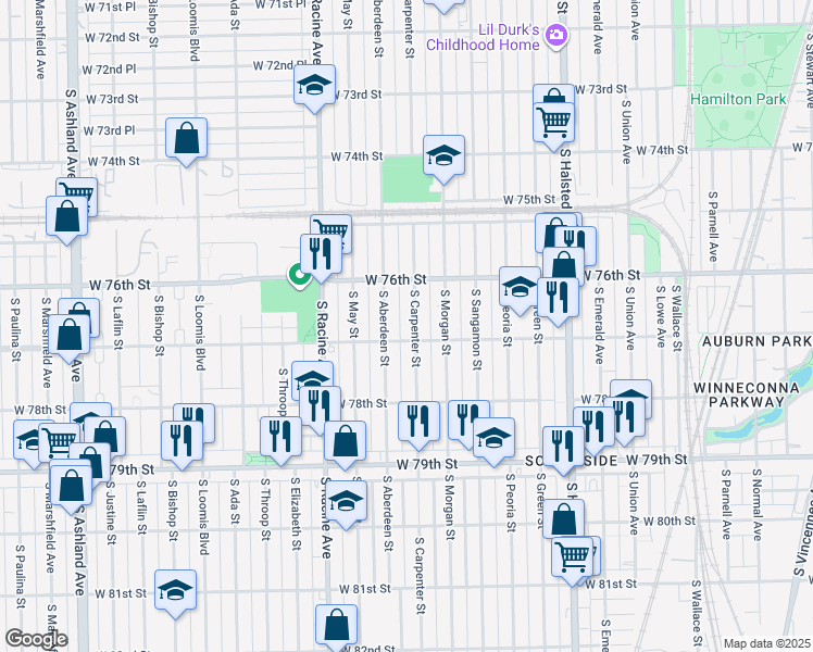 map of restaurants, bars, coffee shops, grocery stores, and more near 7703 South Aberdeen Street in Chicago