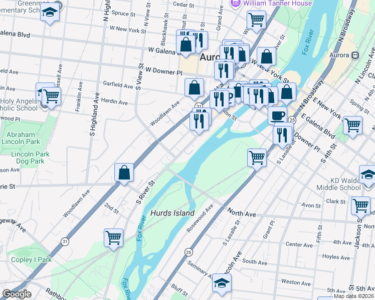 map of restaurants, bars, coffee shops, grocery stores, and more near 244d South River Street in Aurora