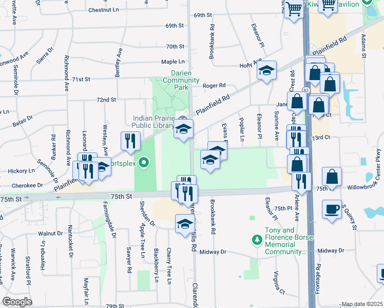 map of restaurants, bars, coffee shops, grocery stores, and more near 7401 Clarendon Hills Road in Darien