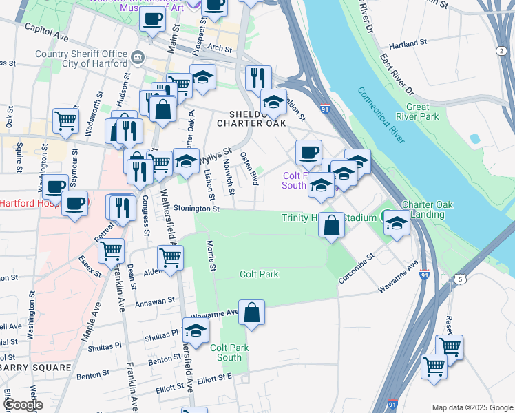 map of restaurants, bars, coffee shops, grocery stores, and more near 122 Stonington Street in Hartford