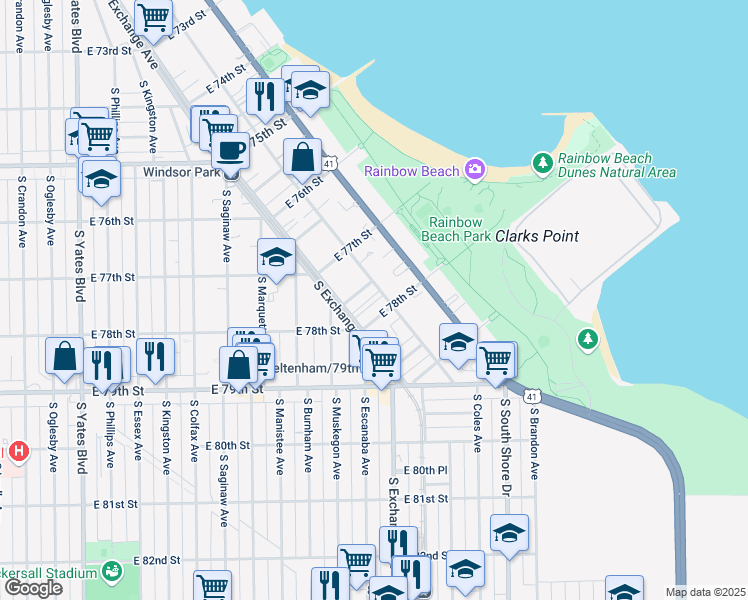 map of restaurants, bars, coffee shops, grocery stores, and more near 2921 East 78th Street in Chicago