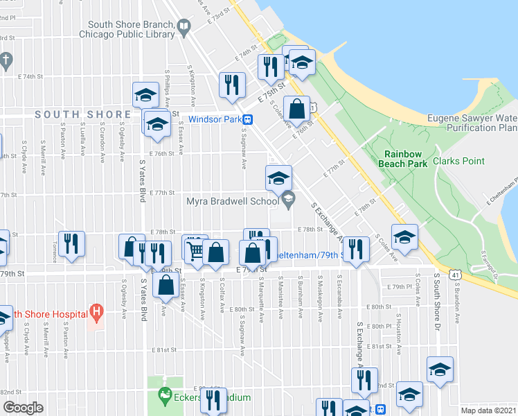 map of restaurants, bars, coffee shops, grocery stores, and more near 7722 South Marquette Avenue in Chicago