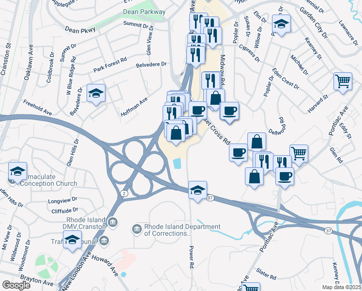 map of restaurants, bars, coffee shops, grocery stores, and more near West Road in Cranston