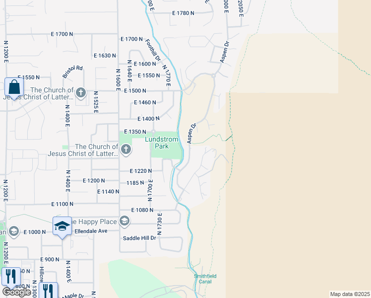 map of restaurants, bars, coffee shops, grocery stores, and more near 1297 Aspen Drive in Logan