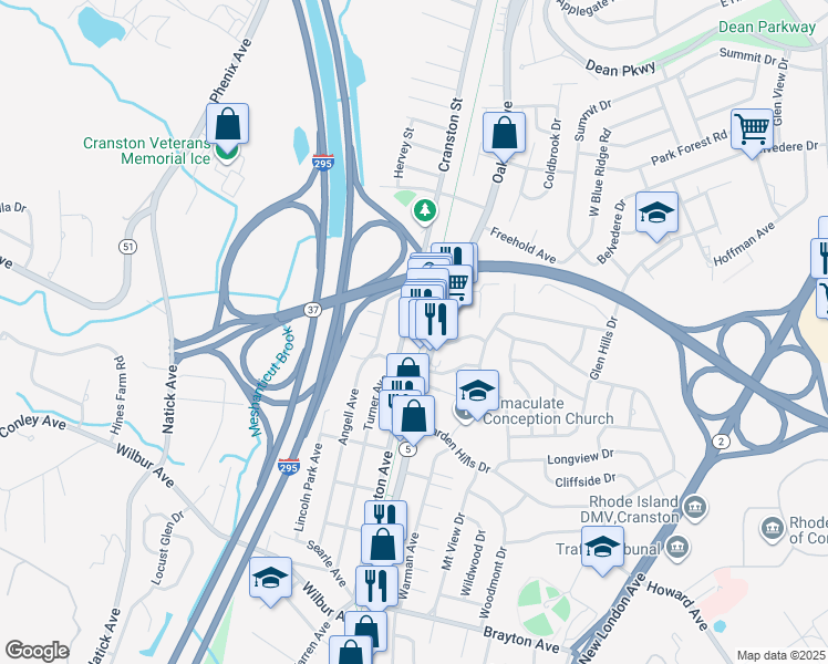 map of restaurants, bars, coffee shops, grocery stores, and more near 2593 Cranston Street in Cranston